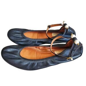 Lanvin Leather Ballet Flats With Ankle Strap Gold Hardware Pearl Accent - 37.5
